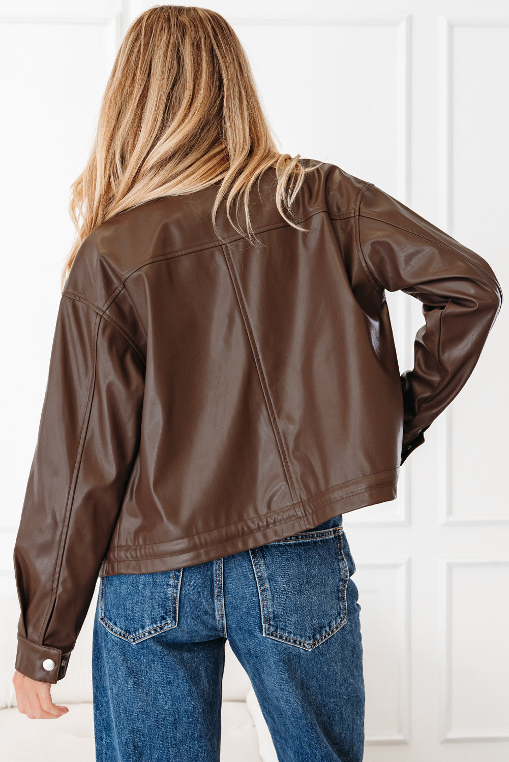 Leather Drawstring Hem Pocketed Jacket