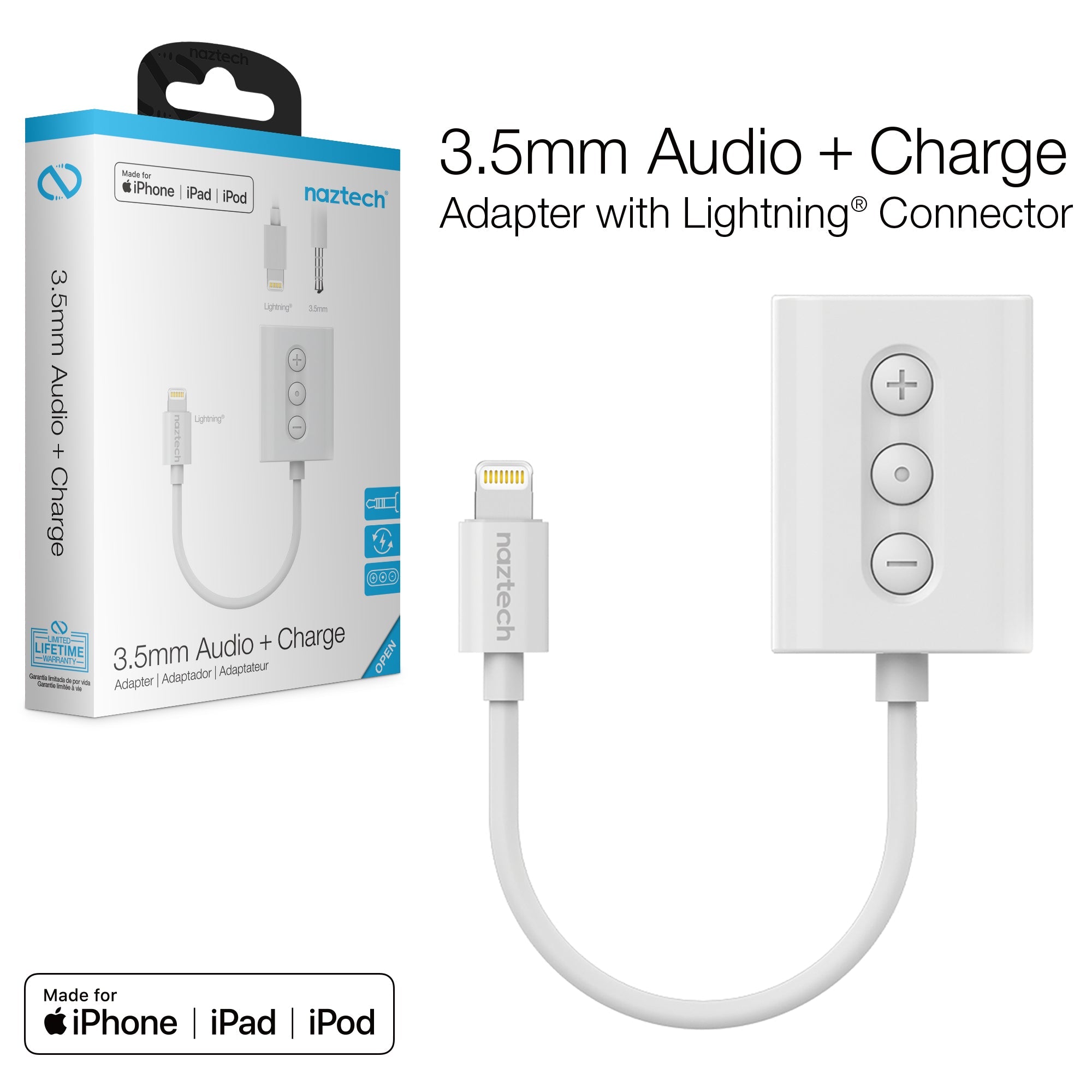 Naztech MFI Lightning to 3.5mm Audio + Charging Adapter White