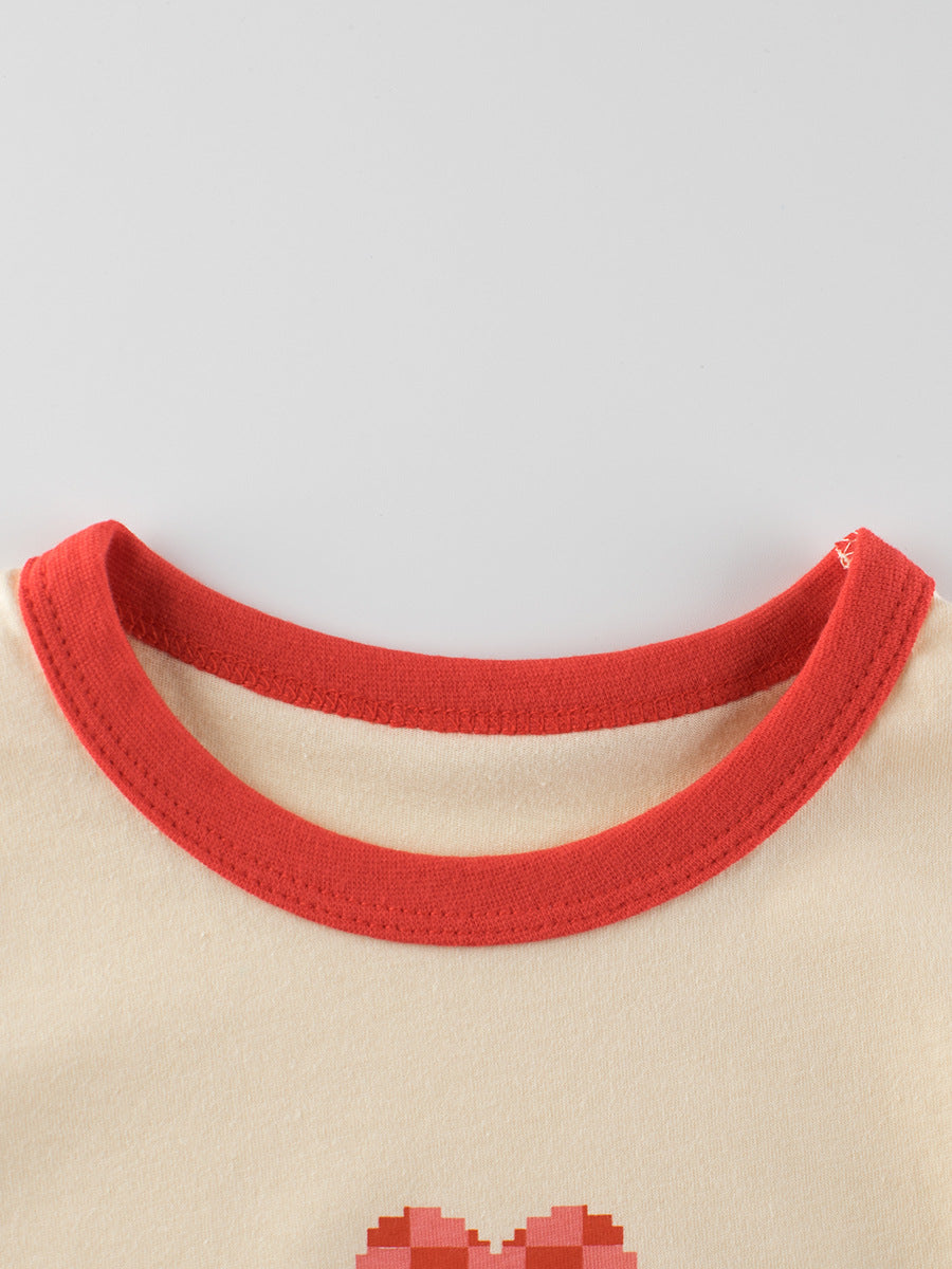 Plaid Red Heart Printing Girls’ T-Shirt In European And American Style