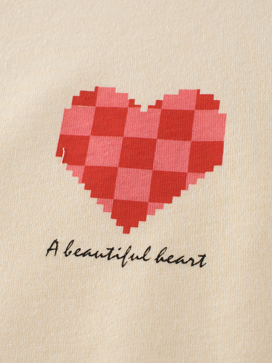 Plaid Red Heart Printing Girls’ T-Shirt In European And American Style